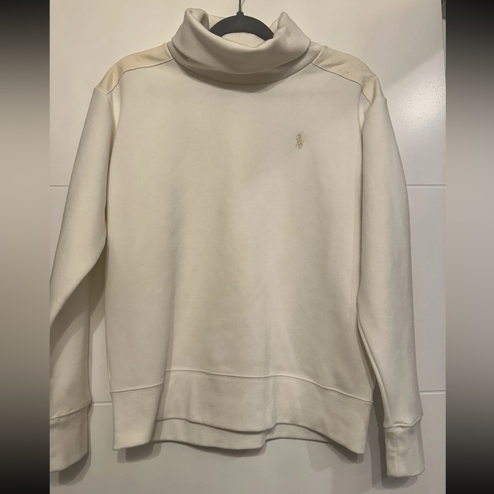 Polo Ralph Lauren  Womens White Turtleneck Pullover Leather Shoulder Panels S